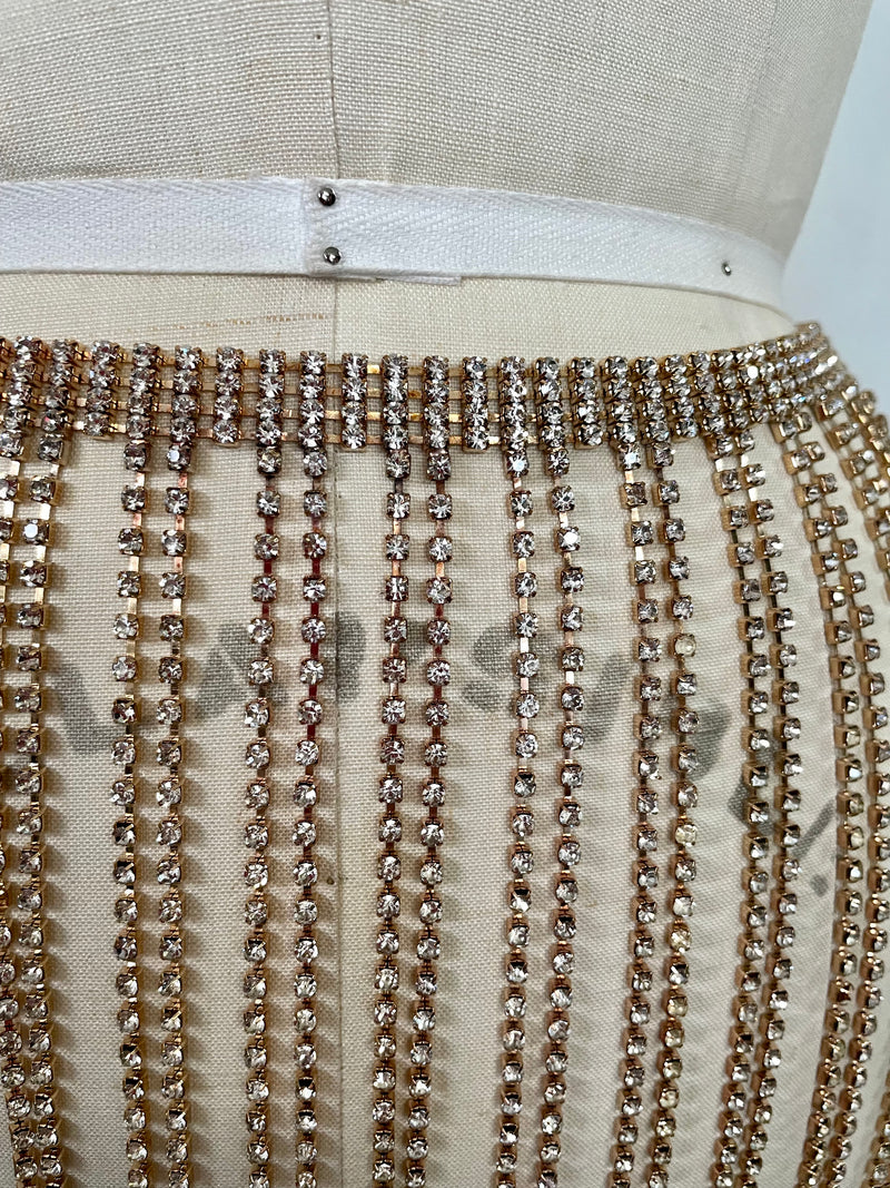 WOMENS gold rhinestone fringe belt / dance skirt, 13" long