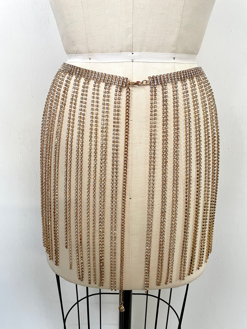 WOMENS gold rhinestone fringe belt / dance skirt, 13" long