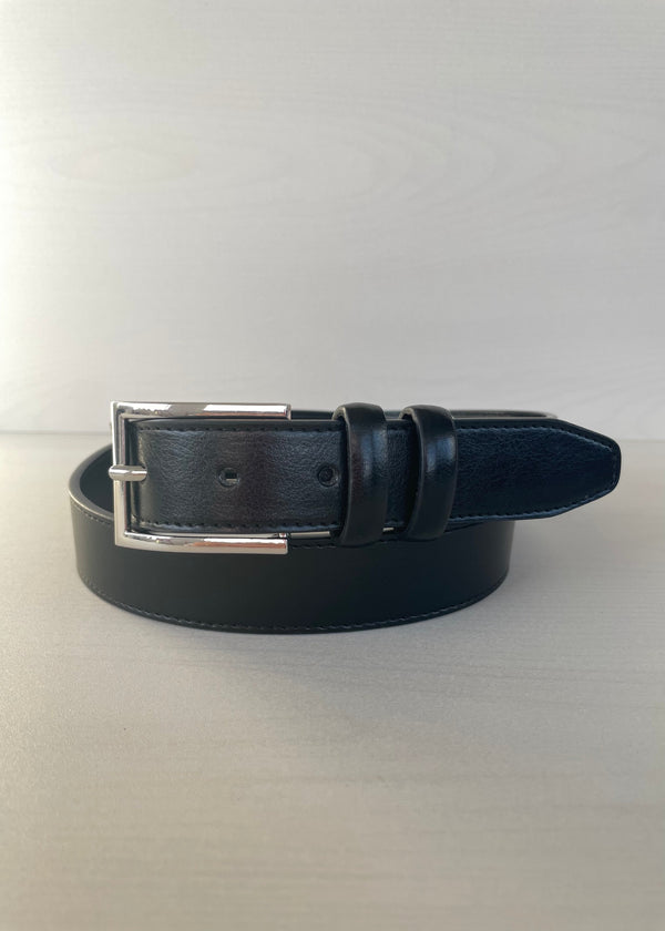 MENS black glossy faux leather belt w/ silver square buckle, 38"