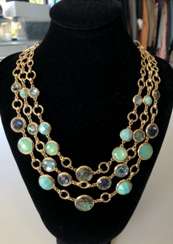 ANNE KLEIN goldtone 3 strand adjustable necklace w/ turquoise & labradorite gems