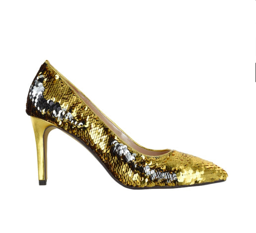 TAXI women’s gold sequin pumps, 8