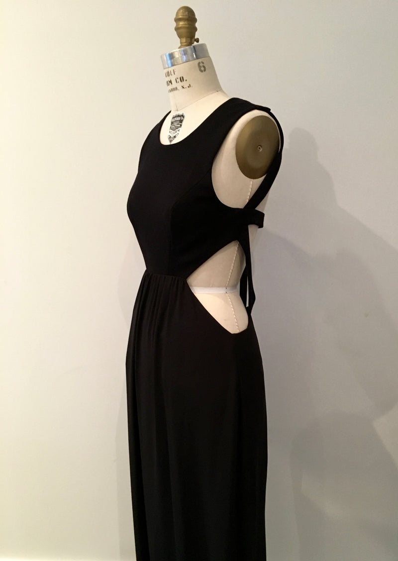 BCBG black crepe/chiffon gown w/ cutout waist and cage back, 8