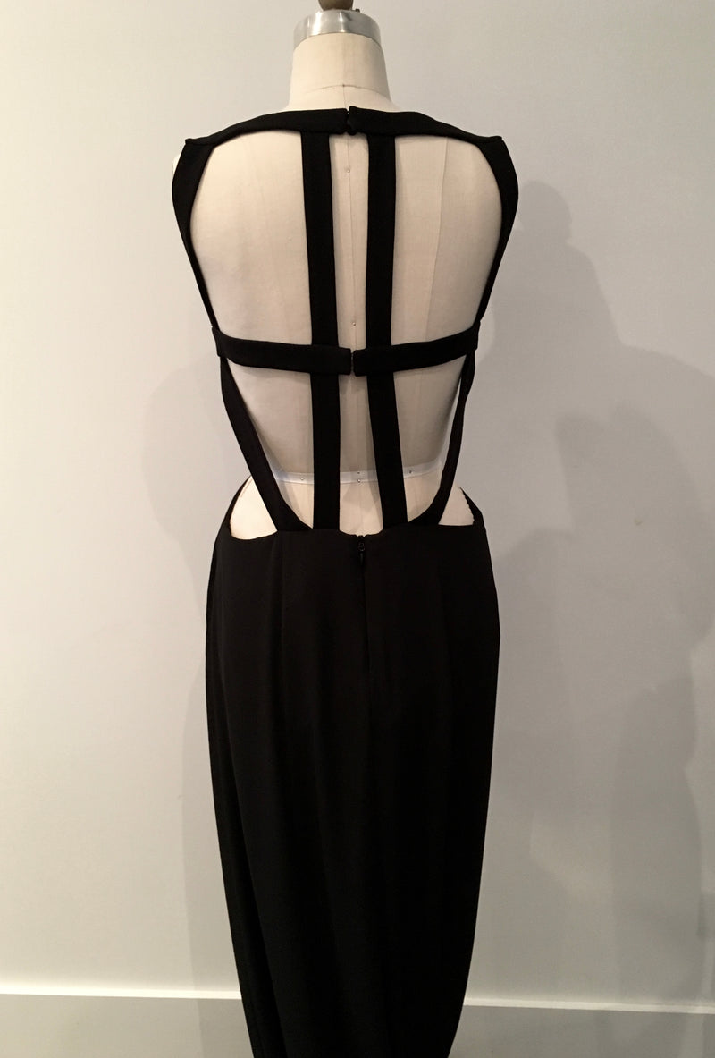 BCBG black crepe/chiffon gown w/ cutout waist and cage back, 8