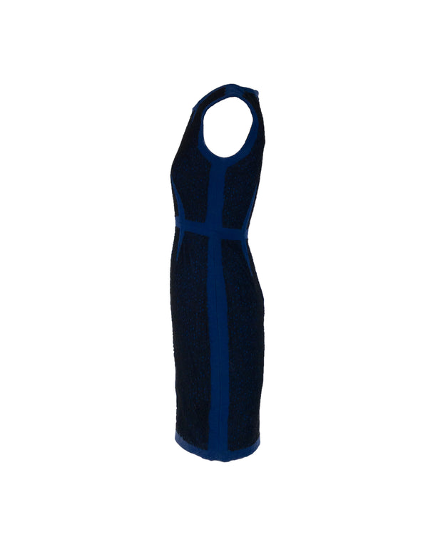 BCBG Women's cobalt blue sheath dress w/ black lace overlay, 0
