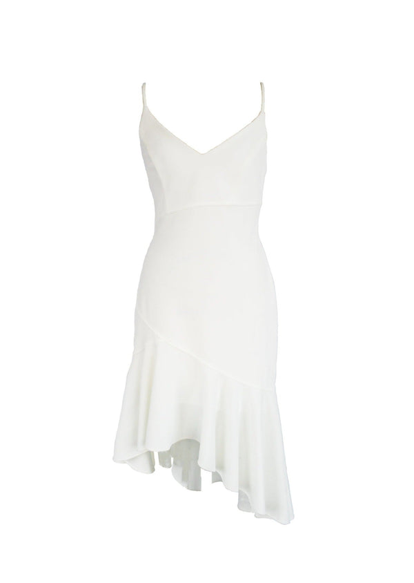 XSCAPE Women's white stretch jersey dress w/ spaghetti straps and flounce hem, 12