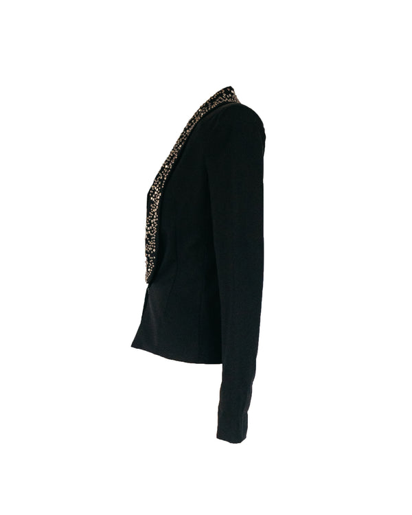 LOU DE BEAUREGARD Women's black wool blazer with crystals & studded shawl collar, S