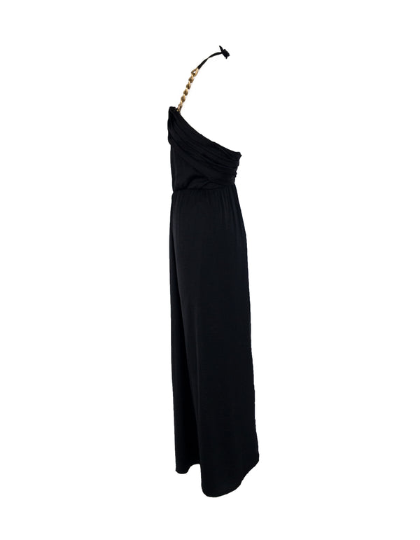 BCBG black gown w/ thick gold/rhinestone chain halter, S