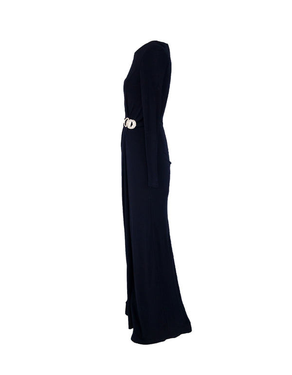 DAVID MEISTER Women's navy jersey long sleeve gown with rhinestone detail, 2