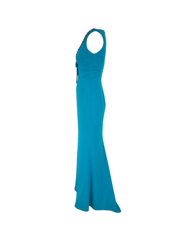 BADGLEY MISCHKA turquoise beaded deep v-neck gown, 2
