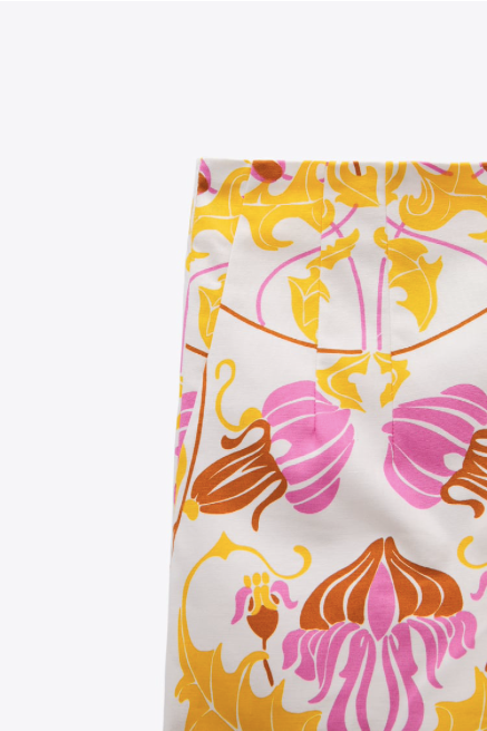 ZARA Women's cream/yellow/pink print cotton pleated high-waisted shorts, S