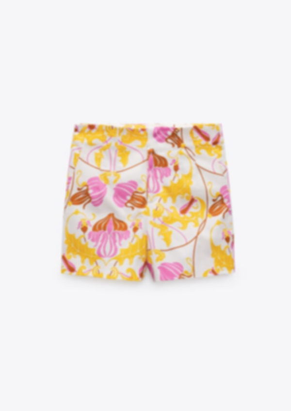 ZARA Women's cream/yellow/pink print cotton pleated high-waisted shorts, S