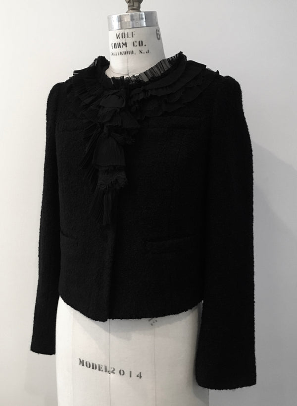ANN TAYLOR Women's cropped black boucle blazer with chiffon and lace trim, 8 P
