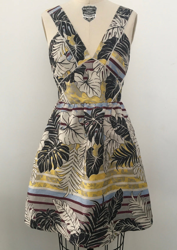 H&M Women's green/blk/yellow tropical leaf print a-line dress, 4