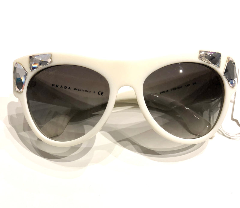 PRADA white acetate oval cat eye sunglasses w/ crystals