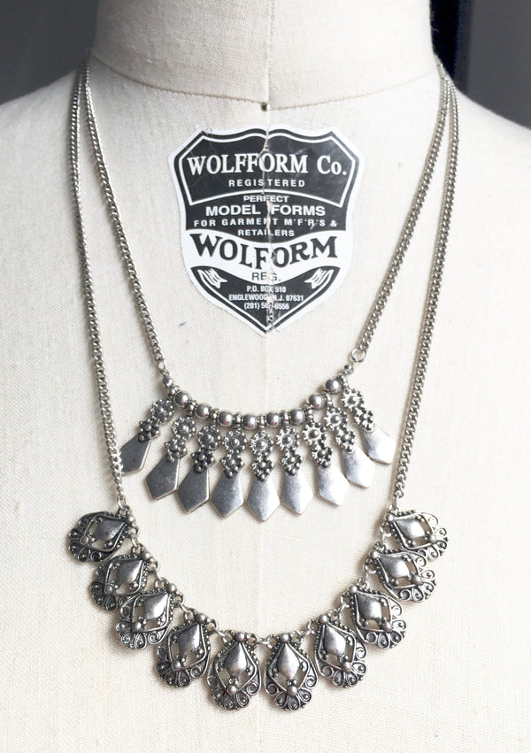 NECKLACE antiqued silver tone tribal double strand layered necklace
