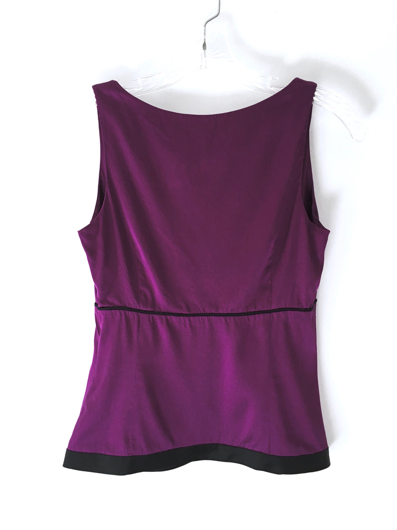 BANANA REPUBLIC Women's purple silk satin sleeveless top w/ black lace trim, 0