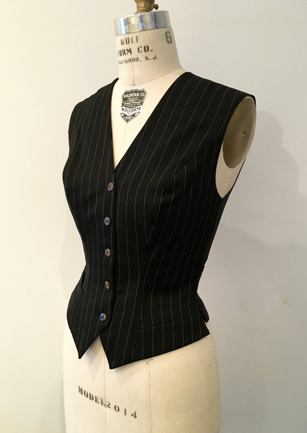 PLEIN SUD VINTAGE Women's black pinstripe wool front w/ satin back vest, 4