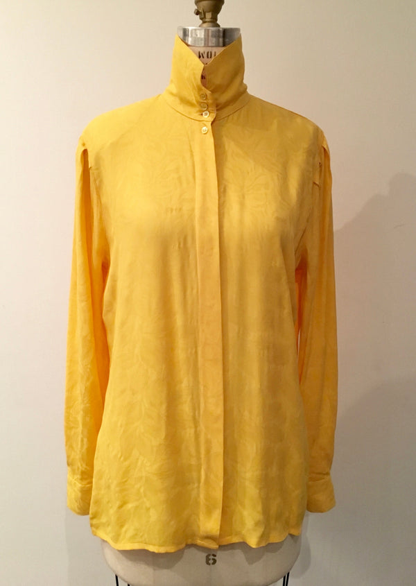 MONDI '80's Vintage yellow damask leaf print high button neck blouse, 8