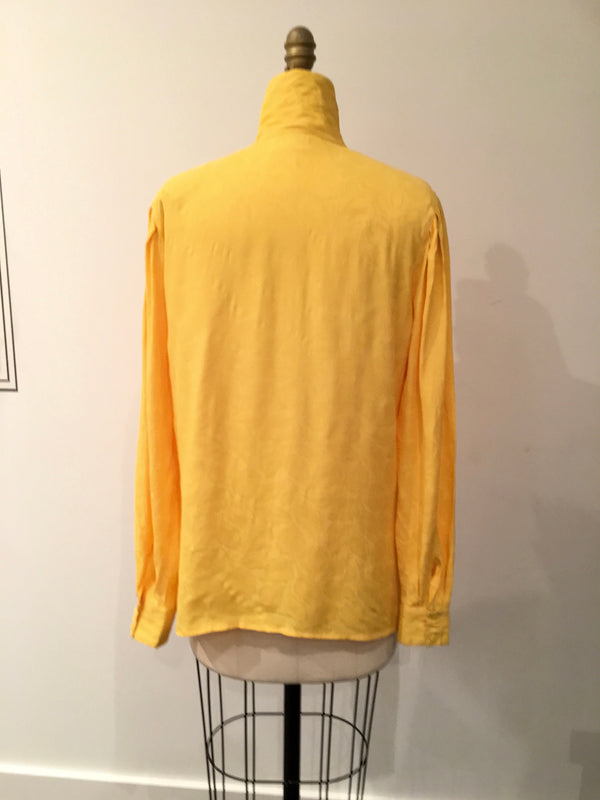MONDI '80's Vintage yellow damask leaf print high button neck blouse, 8