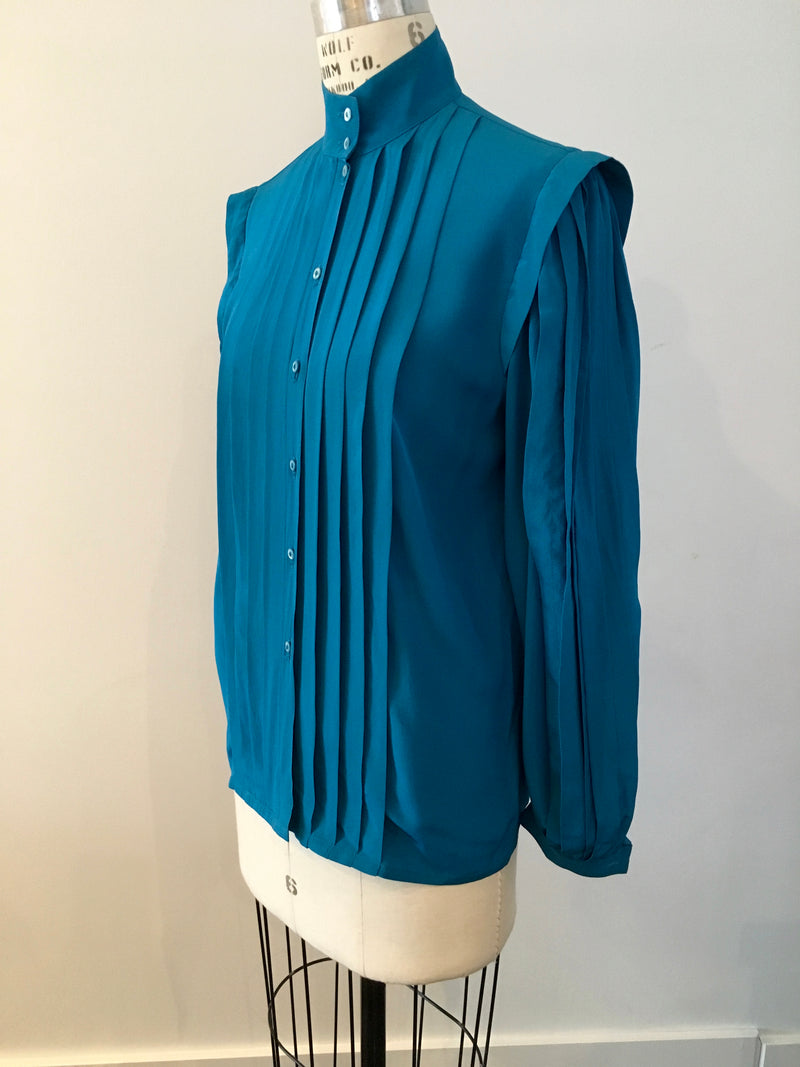 ESCADA '80's Women's turquoise silk crepe de chine pleated blouse, 8/10