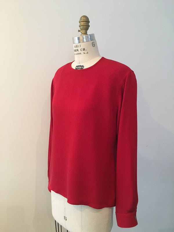 EMANUEL UNGARO '80's Women's red silk crepe de chine round neck blouse, 10
