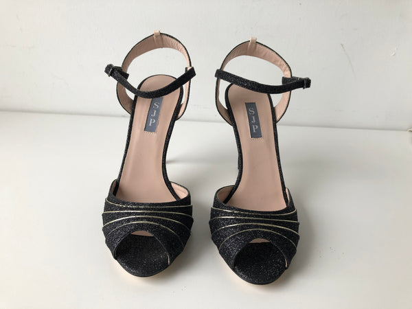 SJP black sparkle "Monroe" heeled sandal with gold piping, 9