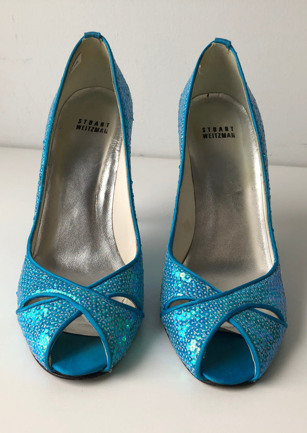 STUART WEITZMAN aqua sequin & satin evening pumps, 9