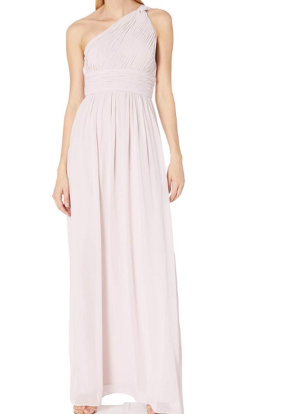 DONNA MORGAN pale pink one-shoulder gown in chiffon with banded waist, 12