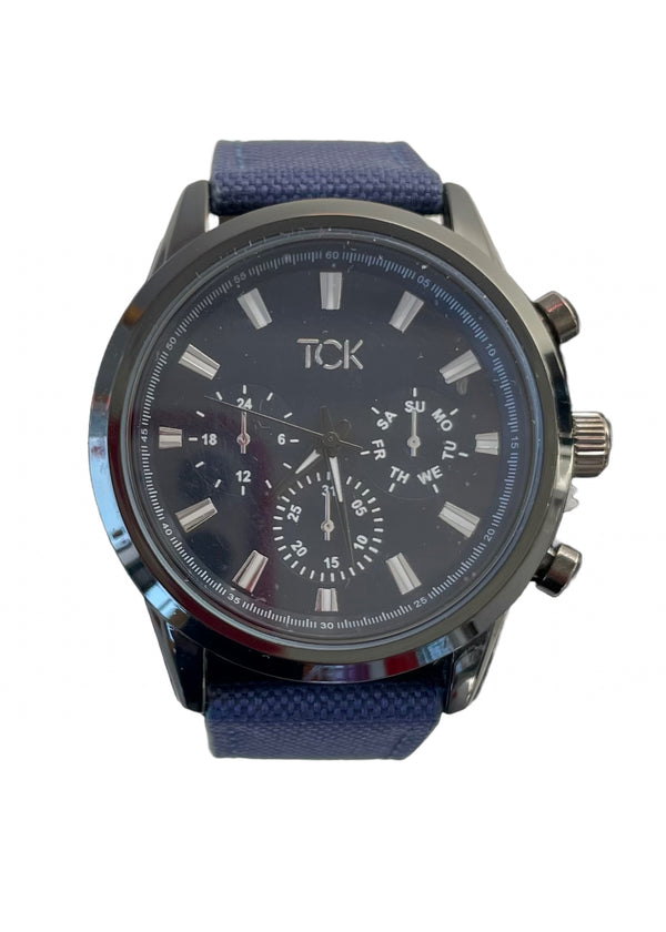 TCK gunmetal grey tone chronograph watch w/ navy face & navy canvas strap, NS