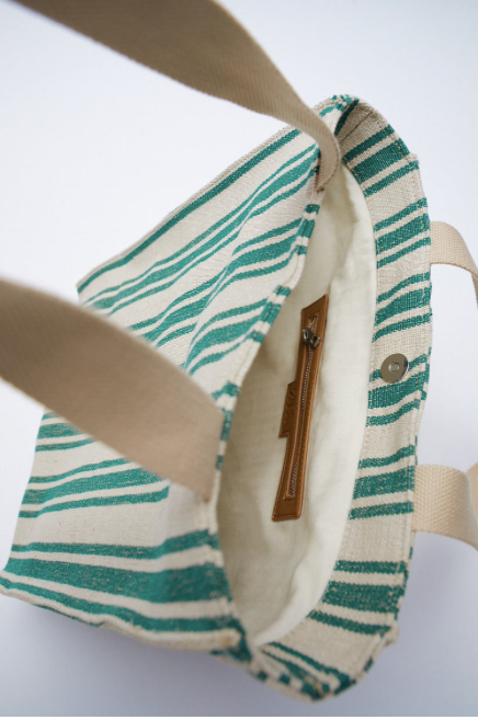 ZARA natural w/ green stripe fabric shopper w/ shoulder straps, NS