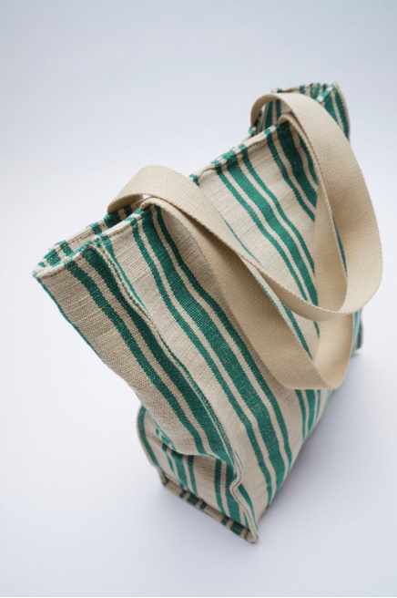 ZARA natural w/ green stripe fabric shopper w/ shoulder straps, NS
