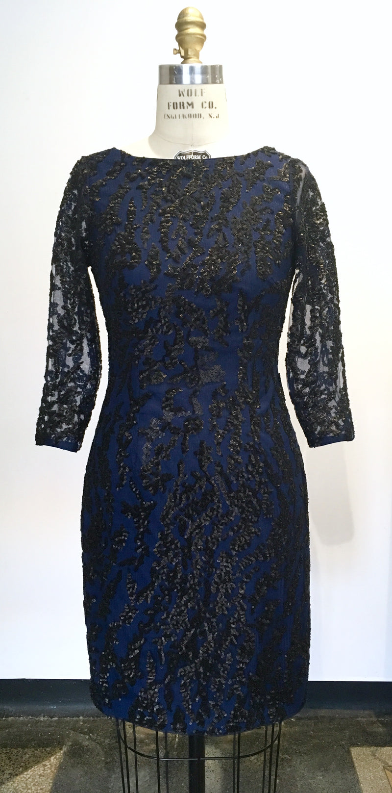 AIDAN MATTOX navy long sleeve mini sheath dress w/ black beading, 4