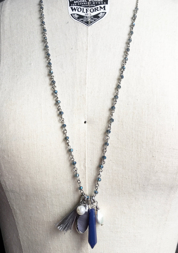 NECKLACE silver tone blue pendant necklace with pearl, stone, tassel charms