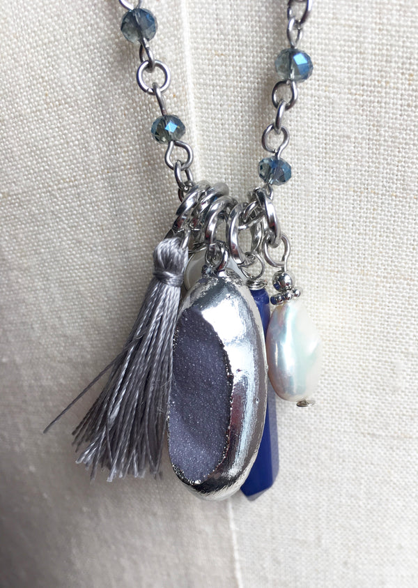 NECKLACE silver tone blue pendant necklace with pearl, stone, tassel charms