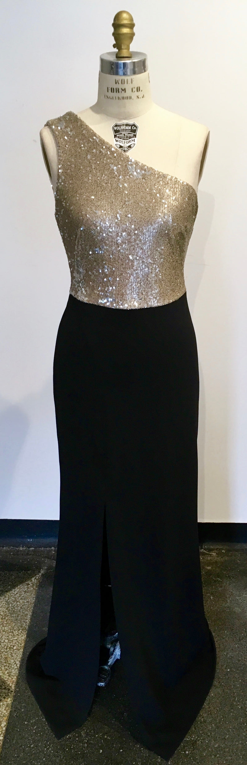 CALVIN KLEIN black w/ gold sequin bodice one shoulder gown, 10