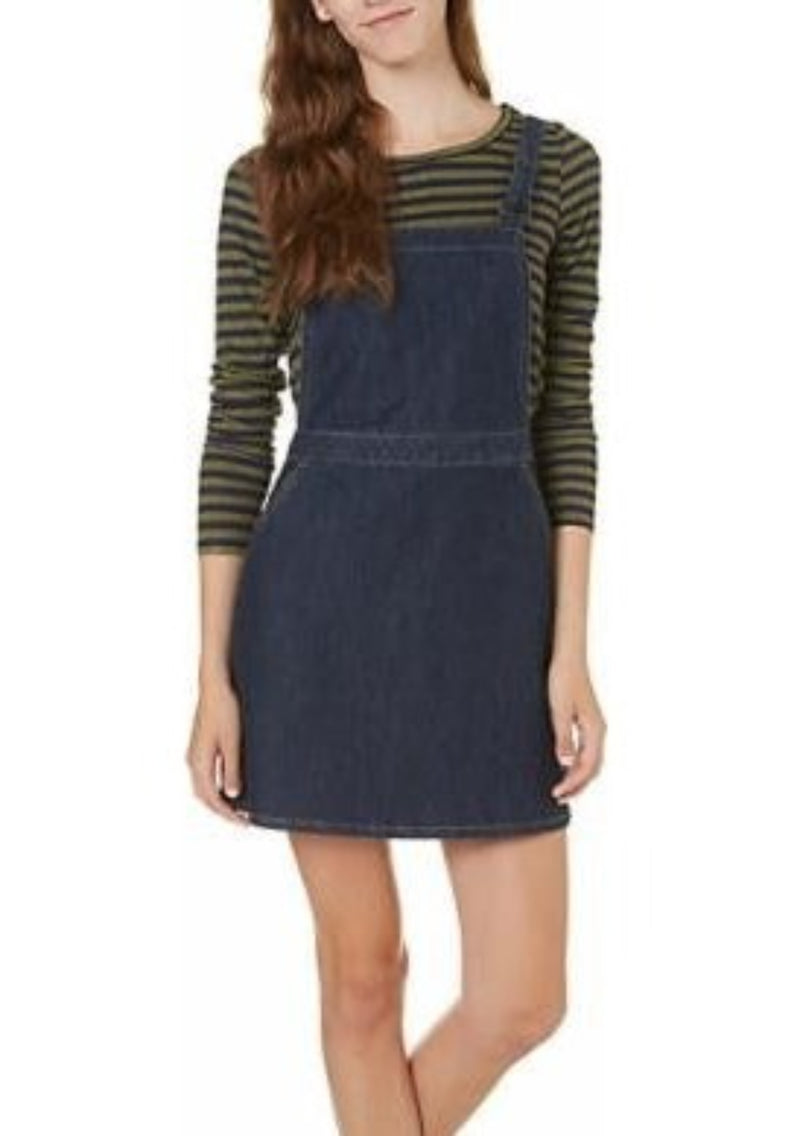 LOVE FIRE Women's dark blue denim pinafore overall mini dress, S