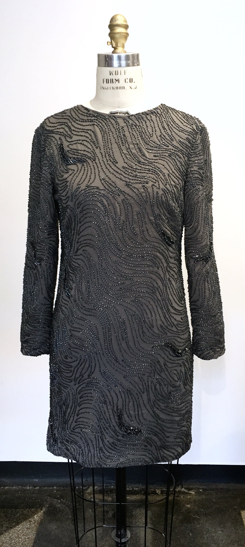 HALSTON HERITAGE charcoal beaded long sleeve shift dress w/ draped open back, 4