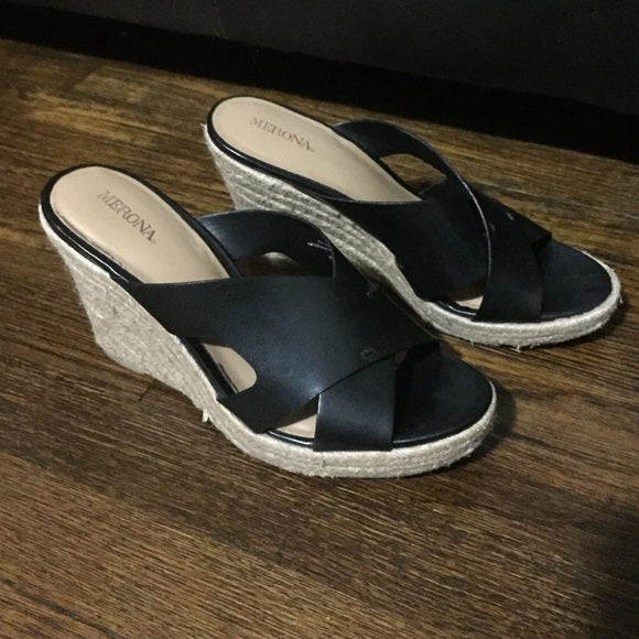 MERONA Women's black & jute wedge slide sandal, 8.5