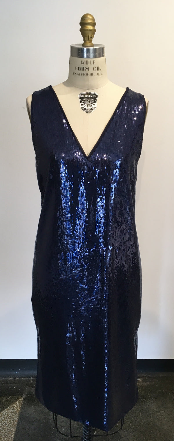 MANGO navy blue sleeveless sequin dress with low v neckline, 8