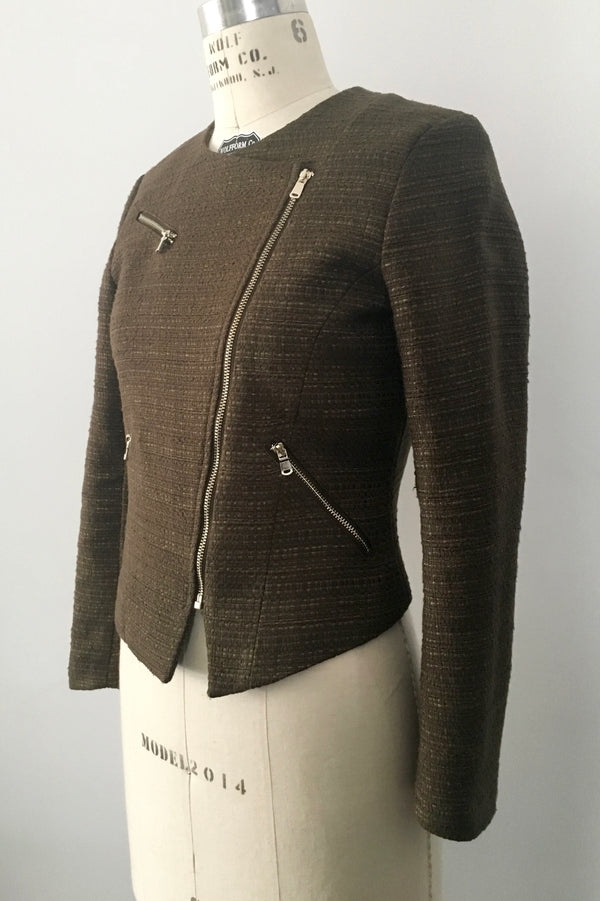H&M womens olive textured cropped moto style blazer w/ zip, 6