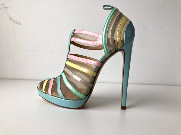 VERSUS Women's aqua/pink/yellow patent/mesh stiletto platform heels, 10