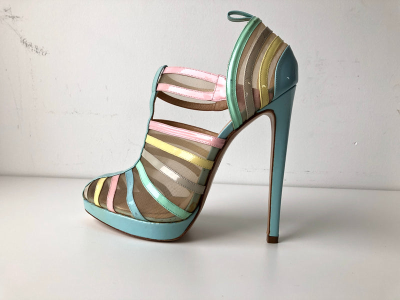 VERSUS Women's aqua/pink/yellow patent/mesh stiletto platform heels, 10