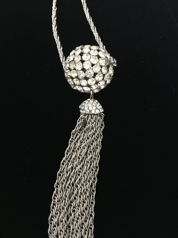 VINTAGE NECKLACE silver tone long drop crystal ball pendant w/ tassel, 21" long